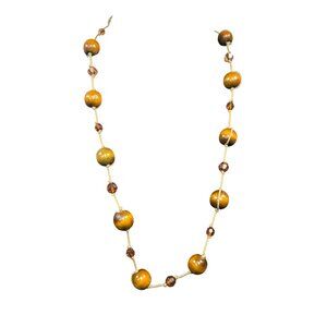 Vintage Wooden & Amber Beaded Necklace With Beige Cord And Lobster Clasp